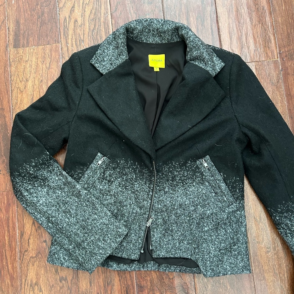 Black and grey wool blazer moto style